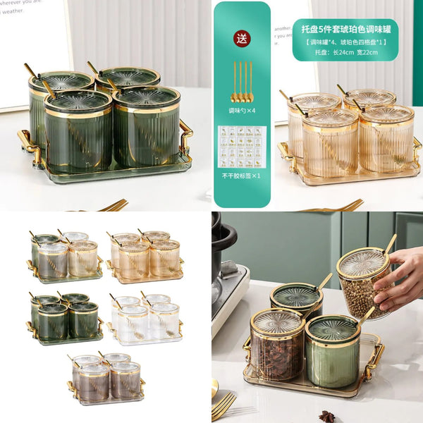 4-Piece Luxury Acrylic Seasoning Jar Set with Tray, Lids & Spoons — Acrylic, Arvani Home Essentials