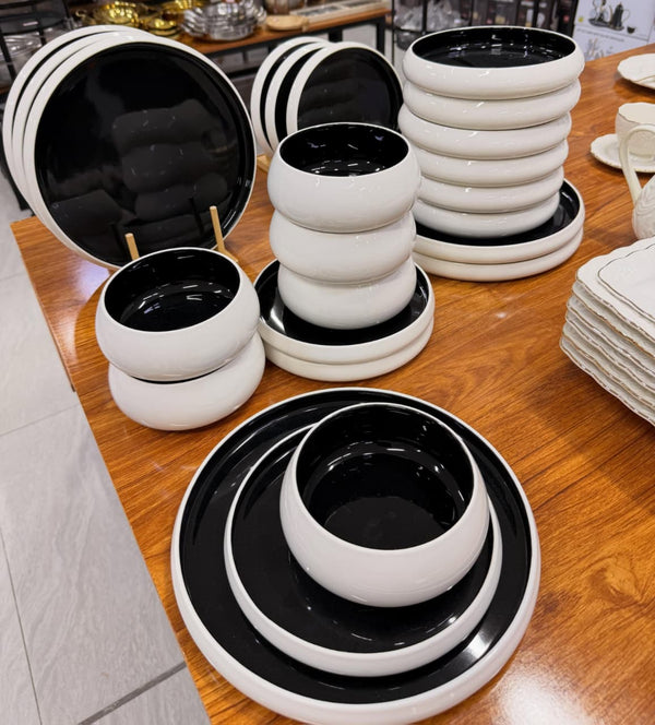 24 Piece Black and White Double Glaze Ceramic Dinner Set