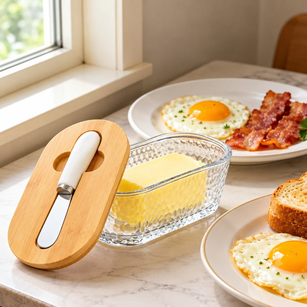 300ml Glass Butter Dish with Bamboo Lid & Spread Knife