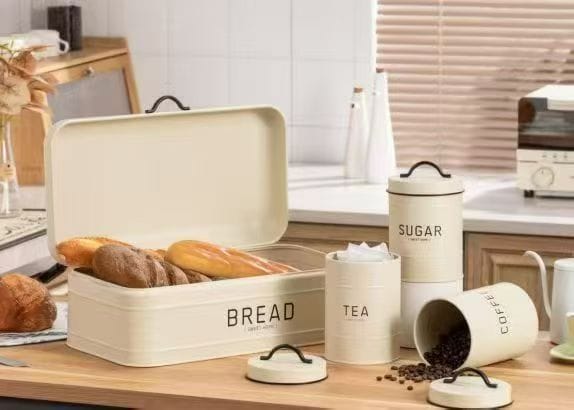 4-Piece Quilted Metal Bread Bin and Tea Sugar Coffee