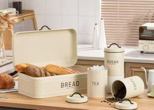 4-Piece Quilted Metal Bread Bin and Tea Sugar Coffee