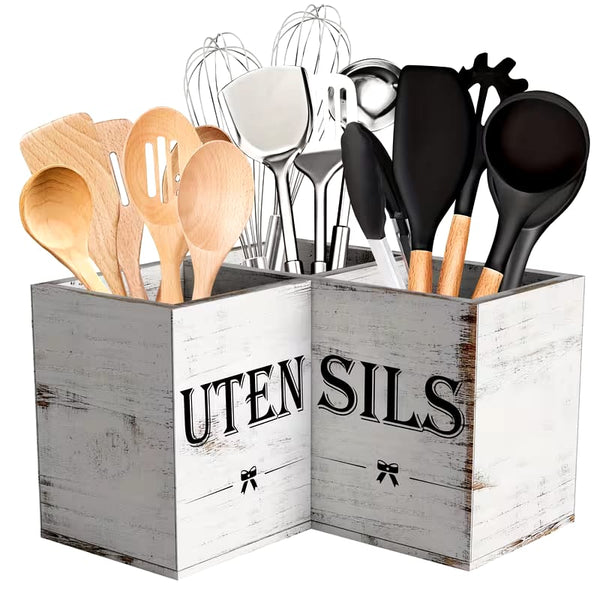 Wooden Kitchen Utensil Holder – Black Rustic Finish — Wood, Arvani Home Essentials