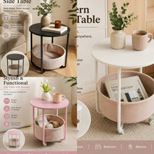 Modern Round Side Table with Lower Fabric Storage Basket